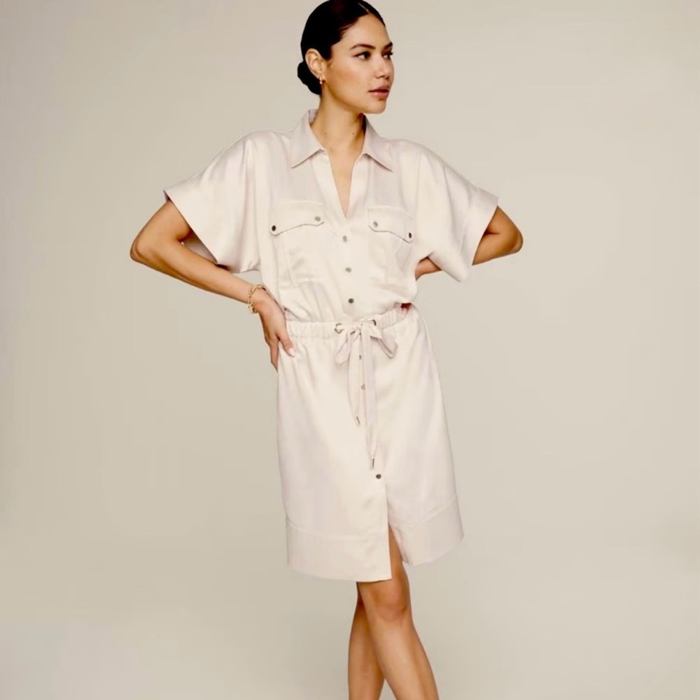 WHBM Cream Silk-like Gold Button Midi Dress